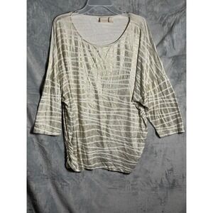 Chicos Gold top metallic gold White Striped Ruched Sleeve Dolman Knit Top Size 3
